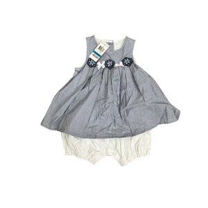 Baby Girls 24M Blue & White Sleeveless Dress W/ Floral Appliques & Bloomers